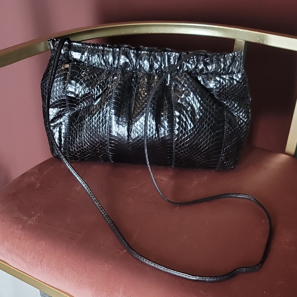 Vintage Black Snake Skin & Leather Convertible Clutch Crossbody Bag